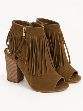 Brown Suede Fringe Peep Toe Heeled Sandals Boots Size 6.5 Festival